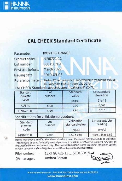 Dung Dịch CAL Check™ Chuẩn Sắt Thang Cao Dùng Cho Máy HI96721 Dung Dịch CAL Check™ Chuẩn Sắt Thang Cao Dùng Cho Máy HI96721