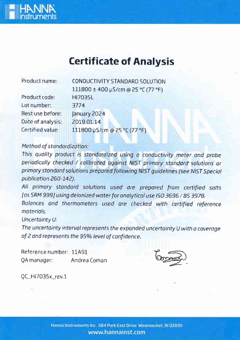 Dung Dịch Hiệu Chuẩn Độ Dẫn (EC) 111800 µS/cm, Chai 500mL Dung Dịch Hiệu Chuẩn Độ Dẫn (EC) 111800 µS/cm, Chai 500mL