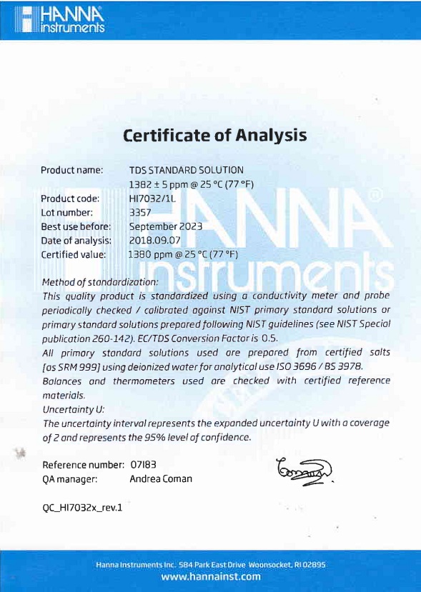 Dung Dịch Hiệu Chuẩn TDS 1382 mg/L (ppm), Chai 1 Lít Dung Dịch Hiệu Chuẩn TDS 1382 mg/L (ppm), Chai 1 Lít