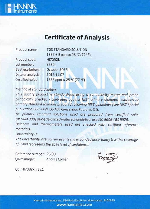 Dung Dịch Hiệu Chuẩn TDS 1382 mg/L (ppm), Chai 500mL Dung Dịch Hiệu Chuẩn TDS 1382 mg/L (ppm), Chai 500mL