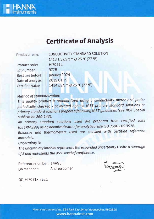 Dung Dịch Hiệu Chuẩn Độ Dẫn (EC) 1413 µS/cm, Chai 500mL Dung Dịch Hiệu Chuẩn Độ Dẫn (EC) 1413 µS/cm, Chai 500mL