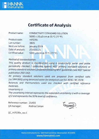 Dung Dịch Hiệu Chuẩn Độ Dẫn (EC) 5000 µS/cm, Chai 500mL