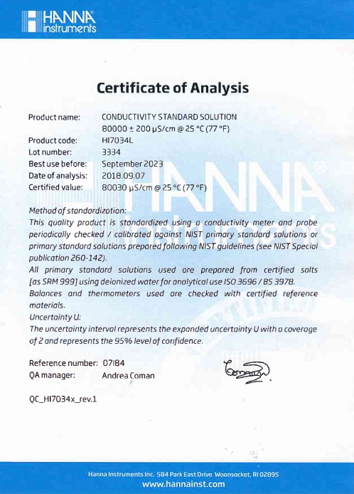 Dung Dịch Hiệu Chuẩn Độ Dẫn (EC) 80000 µS/cm, Chai 500mL Dung Dịch Hiệu Chuẩn Độ Dẫn (EC) 80000 µS/cm, Chai 500mL