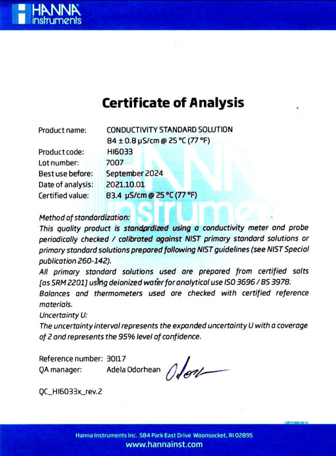 Dung Dịch Hiệu Chuẩn Độ Dẫn (EC) 84 µS/cm, Chai Chắn Sáng 500mL Dung Dịch Hiệu Chuẩn Độ Dẫn (EC) 84 µS/cm, Chai Chắn Sáng 500mL