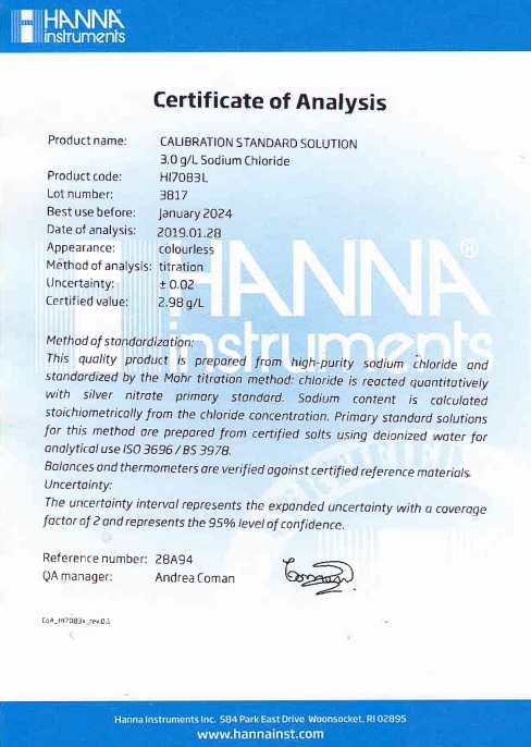 Dung Dịch Hiệu Chuẩn NaCl 3.0 g/L, 500 mL Dung Dịch Hiệu Chuẩn NaCl 3.0 g/L, 500 mL