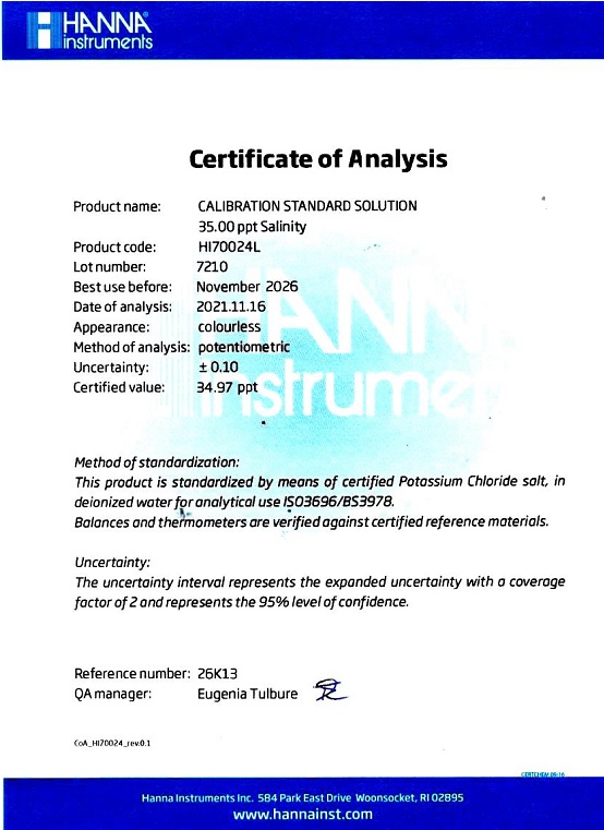 Dung Dịch Hiệu Chuẩn Độ Mặn 35.00 g/L (ppt), Chai 500 mL