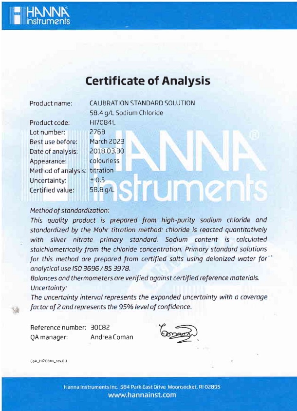 Dung Dịch Hiệu Chuẩn NaCl 58.4 g/L,Chai 500 mL Dung Dịch Hiệu Chuẩn NaCl 58.4 g/L,Chai 500 mL