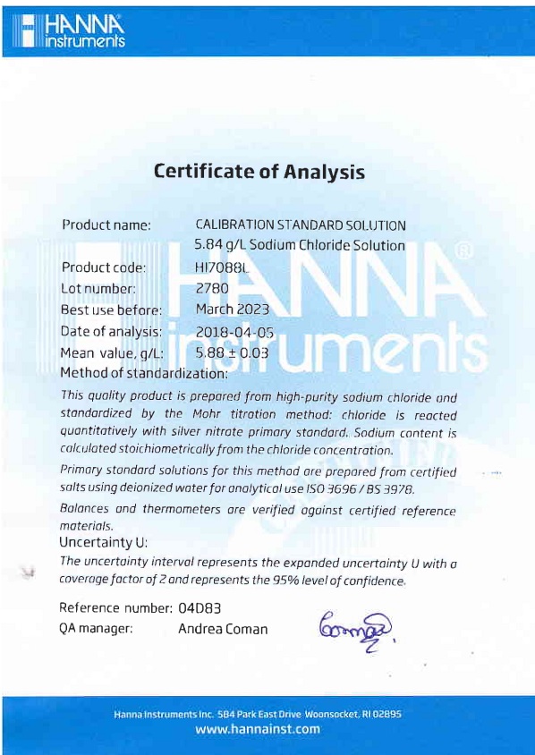 Dung Dịch Hiệu Chuẩn Natri Clorua 5.84 g/L, 500 mL Dung Dịch Hiệu Chuẩn Natri Clorua 5.84 g/L, 500 mL