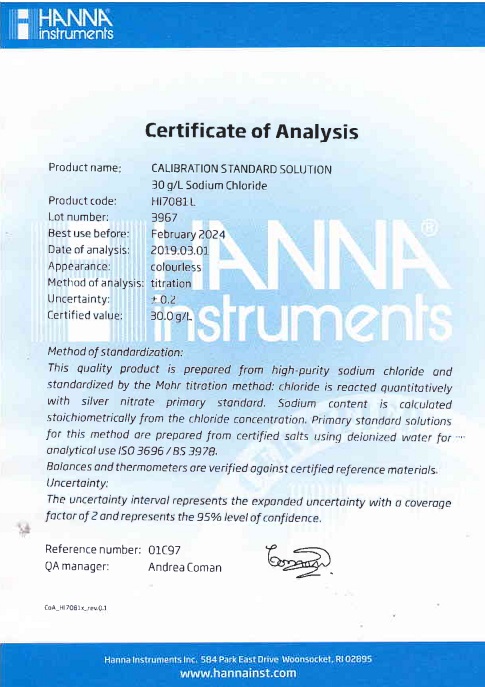 Dung Dịch Hiệu Chuẩn Natri Clorua 30 g/L, 500 mL Dung Dịch Hiệu Chuẩn Natri Clorua 30 g/L, 500 mL