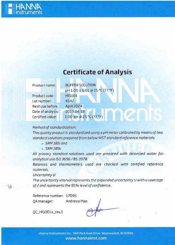 Dung Dịch Chuẩn pH 1.00, 500 mL