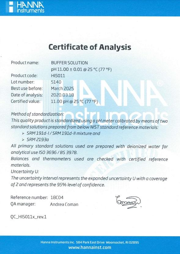 Dung Dịch Hiệu Chuẩn pH 11.00, 500 mL