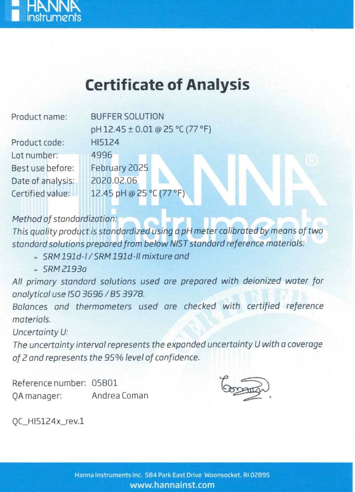 Dung Dịch Hiệu Chuẩn pH 12.45, Chai 500 mL