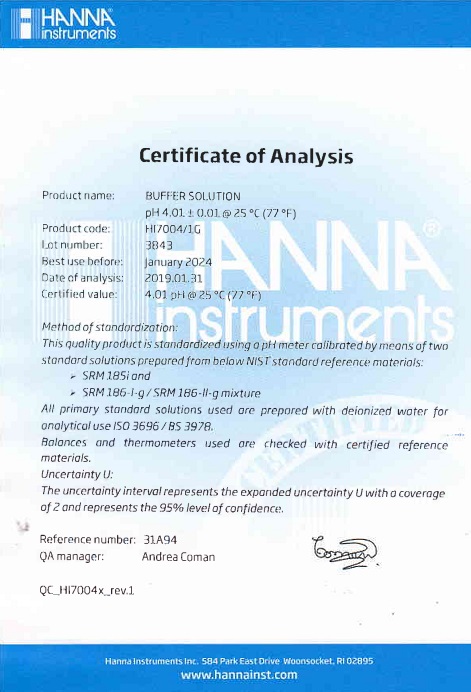 Dung Dịch Hiệu Chuẩn pH 4.01, Chai 3.75Lít