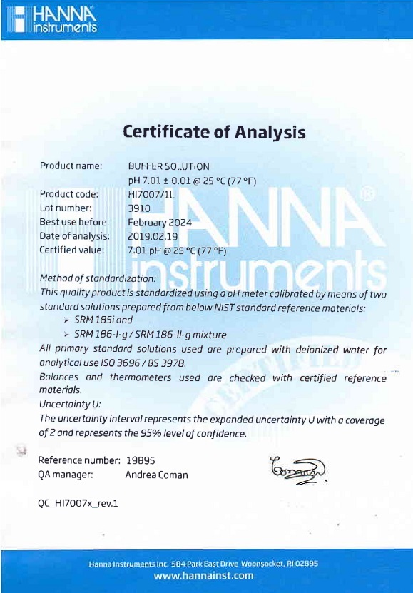 Dung Dịch Hiệu Chuẩn pH 7.01, Chai 1 Lít