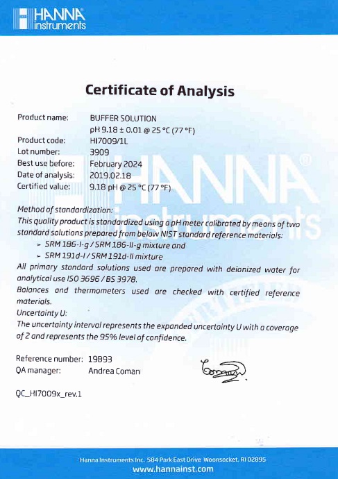 Dung Dịch Hiệu Chuẩn pH 9.18, Chai 1 Lít