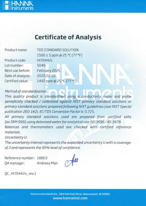 Dung Dịch Hiệu Chuẩn TDS 1500 mg/L (ppm), Chai 500mL Dung Dịch Hiệu Chuẩn TDS 1500 mg/L (ppm), Chai 500mL