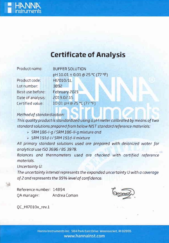 Dung Dịch Hiệu Chuẩn pH 10.01, Chai 1 Lít