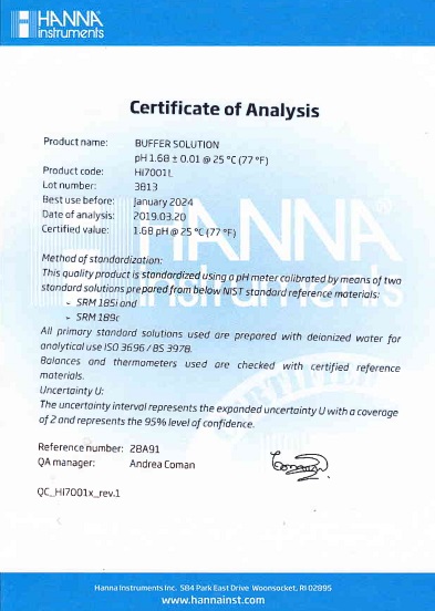 Dung Dịch Hiệu Chuẩn pH 1.68, Chai 500mL